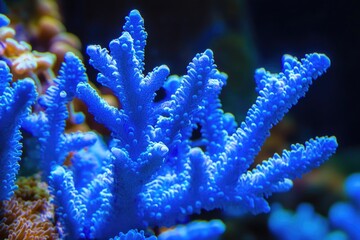 A close-up view of a blue coral in an aquarium, suitable for use in underwater-themed designs or as a decorative element