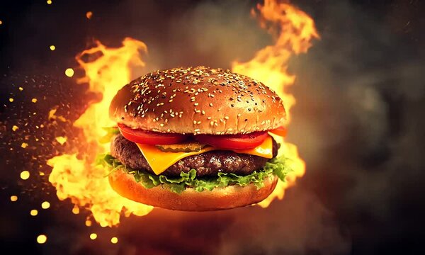 A fiery hamburger surrounded by flames, emphasizing its deliciousness.