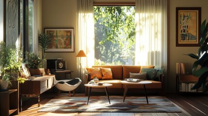 Fototapeta premium A cozy living room with staged furniture, bright natural light, and inviting decor.