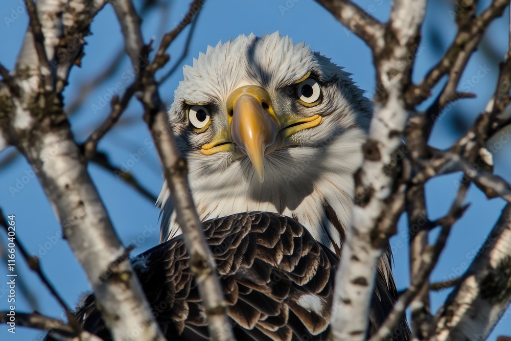 Poster A close-up view of a bird of prey perched in a tree, with its feathers and talons visible