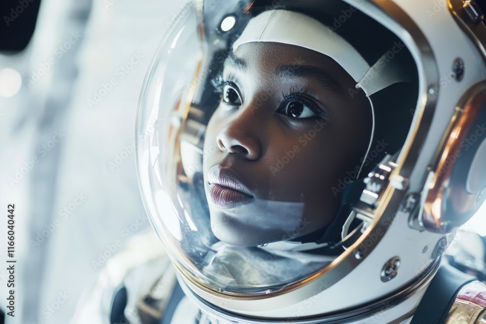 Poster a close-up view of a person wearing a space suit, likely preparing for an outer space mission or per