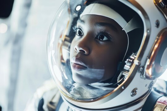 A close-up view of a person wearing a space suit, likely preparing for an outer space mission or performing maintenance tasks