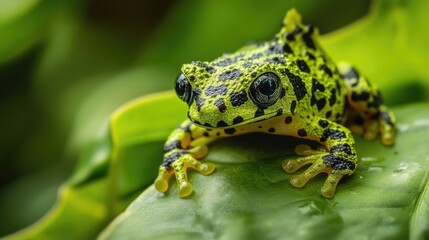 A close-up shot of a green frog sitting on a large leaf, looking straight at the camera