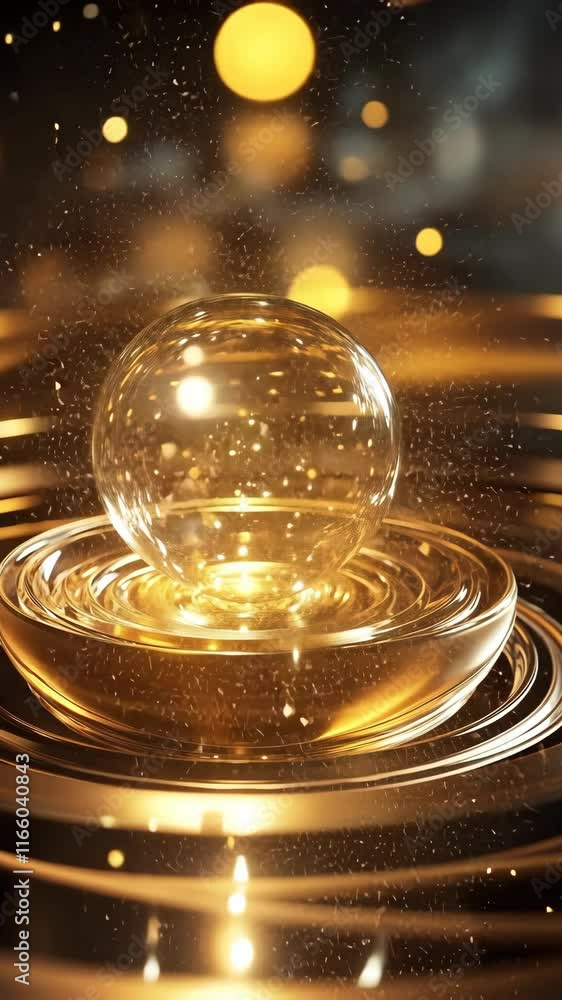Poster glowing golden orb floating in rippling liquid creates mesmerizing reflections and sparkles in a tra