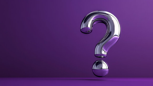 Metallic question mark on a purple background.