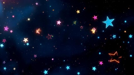 Multicolored neon stars in motion on a dark background. Neon light. Dynamic live background. AI video. For posters, banners, backgrounds. With copy space