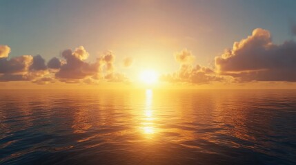 Naklejka premium Vibrant sunset over calm ocean, golden hues reflecting on water surface.
