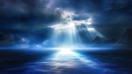 Dark underwater scene, mysterious blue light beams, ethereal atmosphere, rippling water surface, deep ocean depths, submerged landscape, eerie glow, marine exploration, bioluminescence, underwater cav