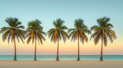 Five palm trees on a tranquil beach at sunset.