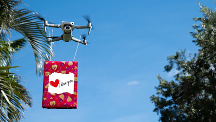 Drone delivering gift on Valentine's Day