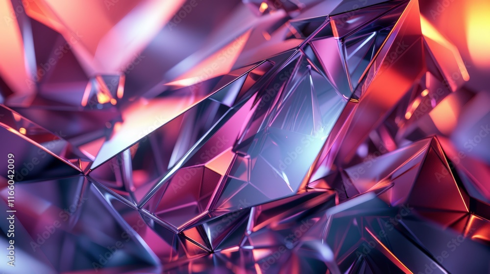 Poster metallic triangular shapes reflecting pink and purple light create a visually captivating modern bac