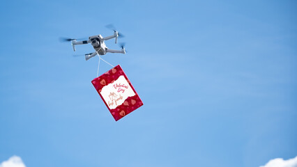 Drone delivering gift on Valentine's Day