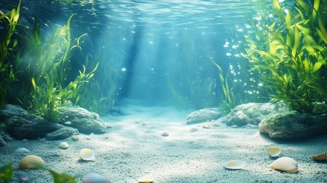 Underwater scene with sunbeams illuminating sandy seabed and lush seaweed.