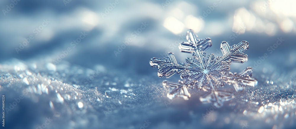 Wall mural close-up of a single, delicate snowflake resting on a snowy surface.