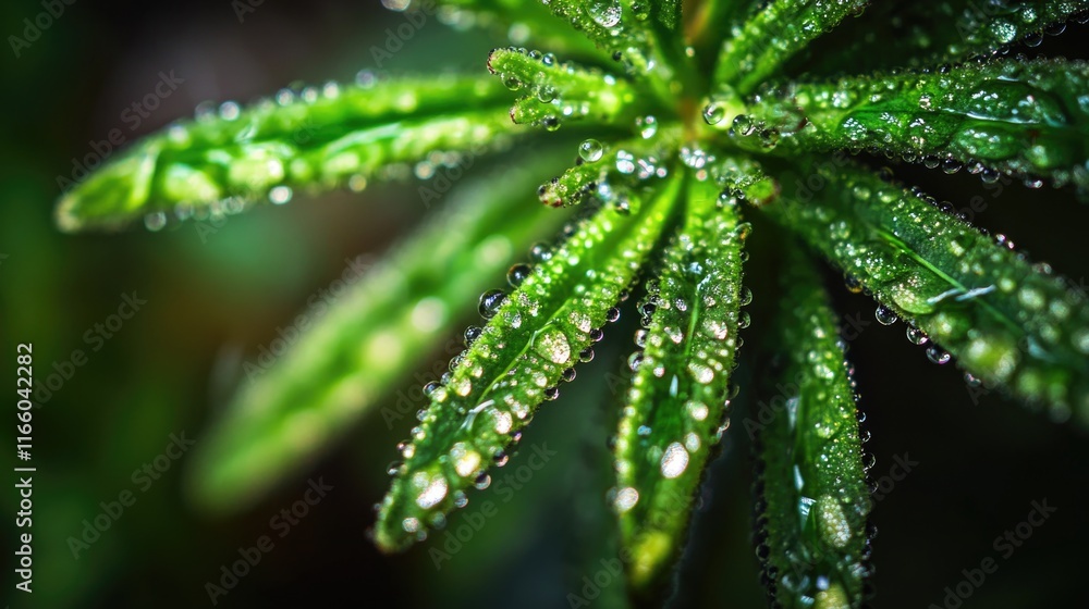 Poster close-up shot of a plant with water droplets on its leaves, great for use in nature or science relat
