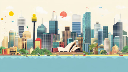 Fototapeta premium FEBRUARY 12, 2020. Vector cartoon illustration of Sydney landmarks, city skyline with Opera house banner, world famous buildings, tourist attraction architecture, megapolis skyscrapers, Australia