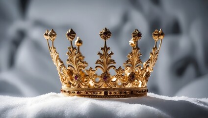 A small crown of dark gold color, placed beautifully on a patch of snow, background of black trees blurred behind on white background