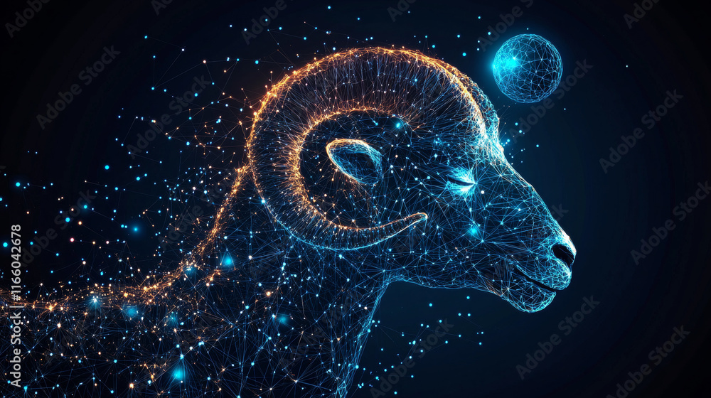 Poster abstract image of a ram in the form of a starry sky or space, consisting of points, lines, and shape