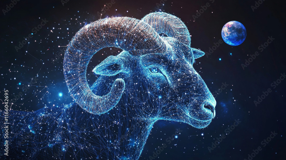 Poster abstract image of a ram in the form of a starry sky or space, consisting of points, lines, and shape
