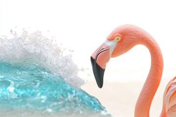 A pink flamingo stands proudly in front of a wave, ready to take flight