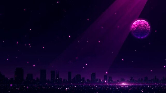 Night metropolis in pixel art style with purple background. The moon rises up and the spotlight scans the space, creating a dynamic vibrant background.