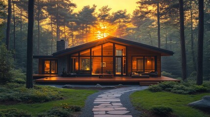 Sunset illuminates modern cabin nestled in woods.