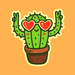 cheerful cactus wearing heart-shaped sunglasses, funny cartoon sticker illustration