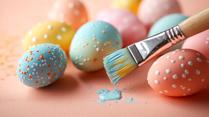 Painted Easter eggs with a brush on pastel background.