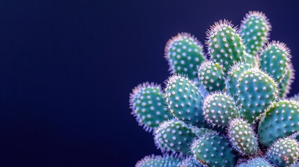 Close-up of a vibrant green cactus with small spines against a dark blue background.