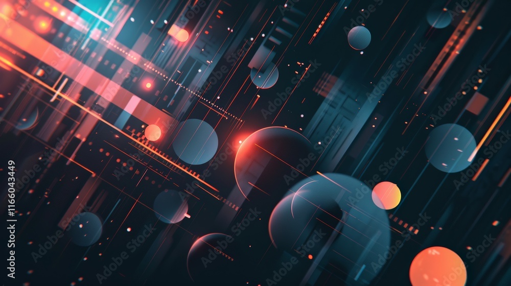 Poster futuristic technology background wallpaper displaying glowing spheres, lines, and abstract shapes, c