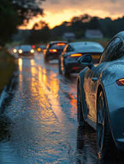 Cars driving on a wet road during a sunset.