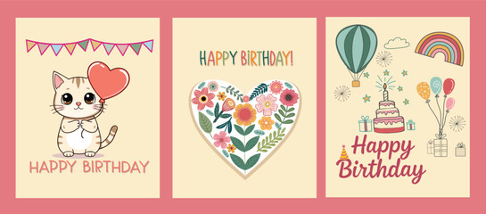 Set of Birthday greeting card with cute design with illustrations