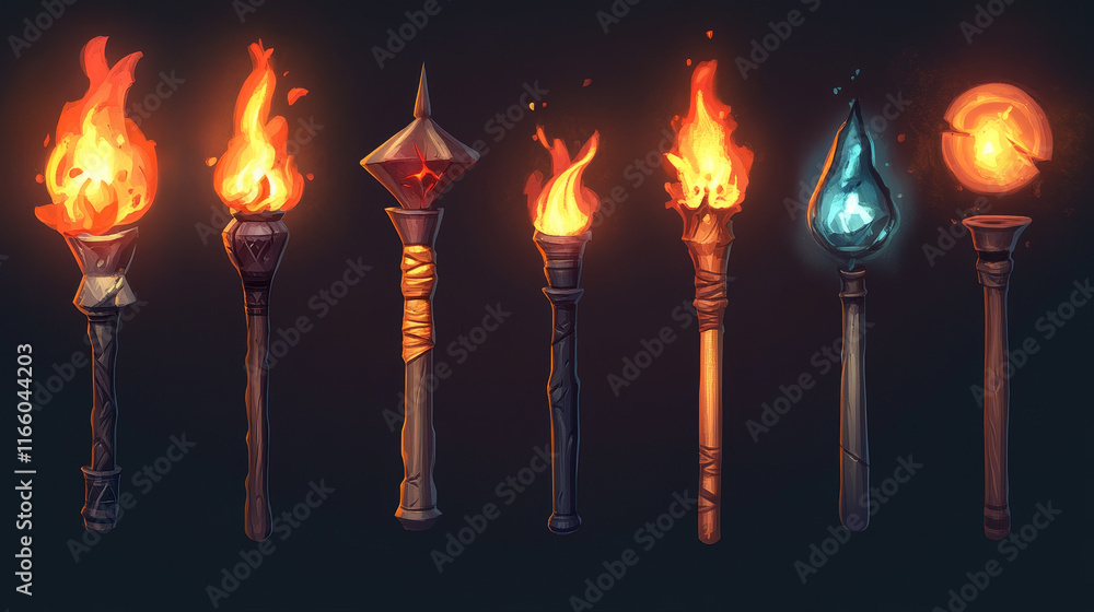 Poster different shape torch ready to use, burning with fire and extinguished with smoke. cartoon vector il