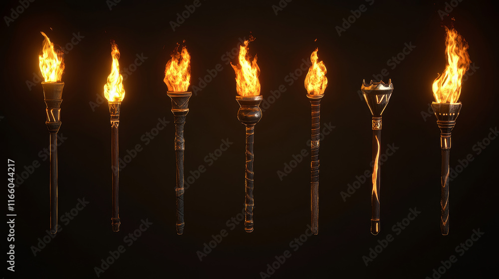 Poster different shape torch ready to use, burning with fire and extinguished with smoke. cartoon vector il