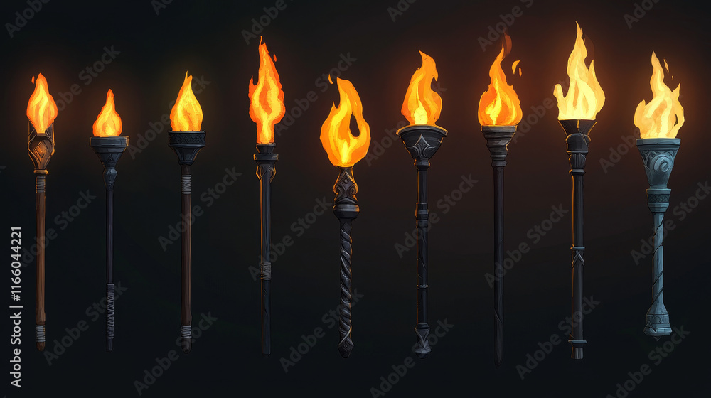 Poster different shape torch ready to use, burning with fire and extinguished with smoke. cartoon vector il