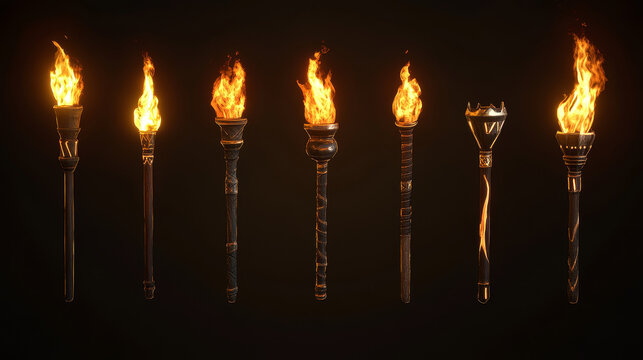 Different shape torch ready to use, burning with fire and extinguished with smoke. Cartoon vector illustration set of game ui design assets of medieval light lantern. Ancient flambeau stick.