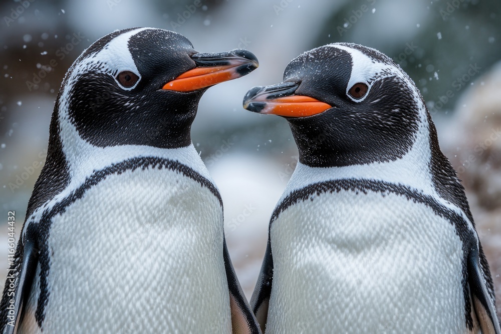 Poster two penguins standing side by side in a snowy environment