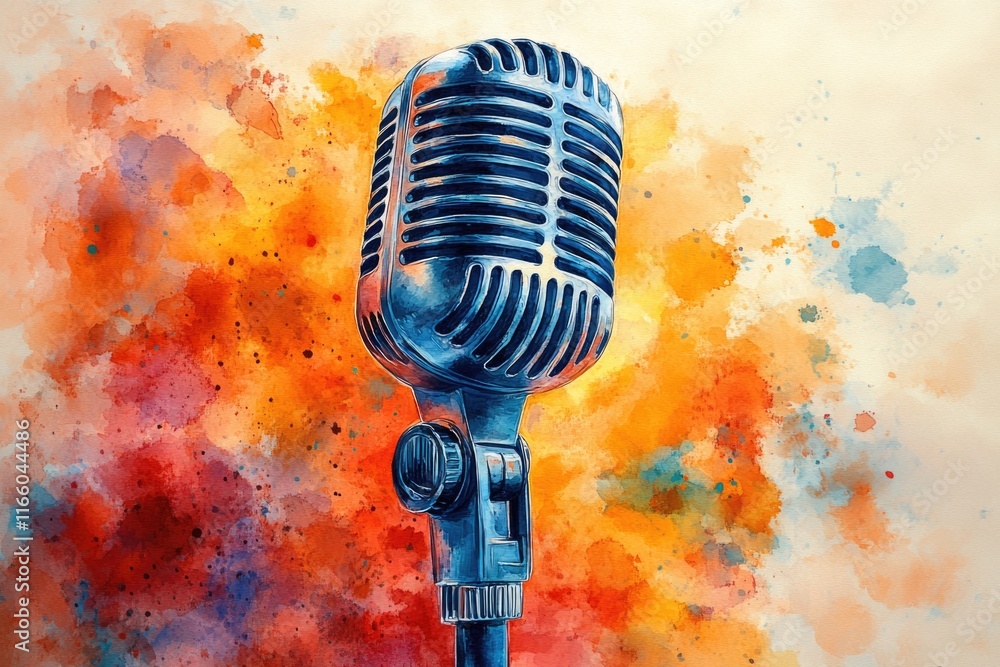 Poster a vibrant illustration of a microphone set against a bright and colorful background, perfect for use