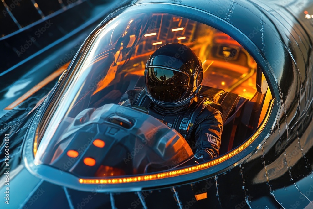 Poster a person in a spacesuit sits inside a spacecraft, ready for exploration