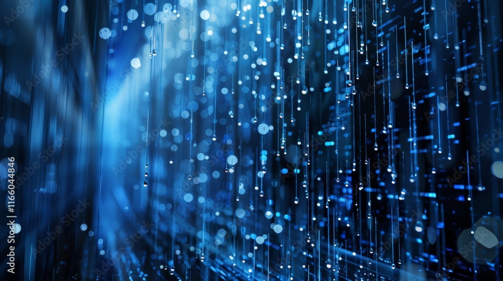Poster blue digital rain falling through cyberspace creating an abstract technological background, perfect 