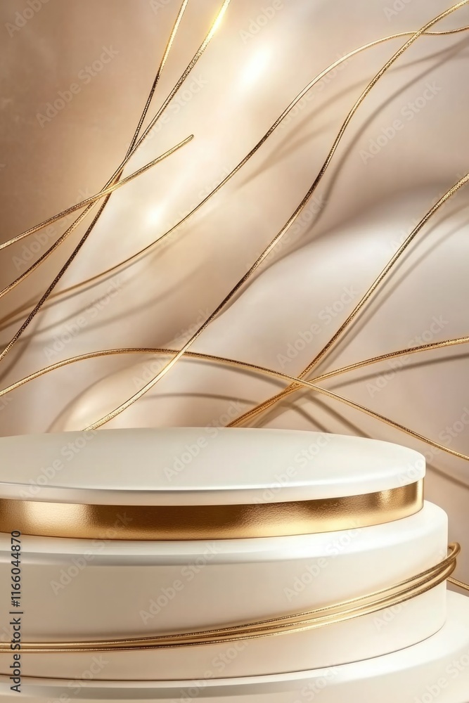 Poster a stack of white and gold plates on a table
