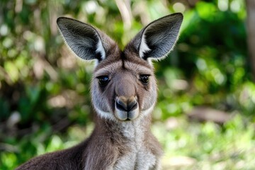 Fototapeta premium A close-up view of a kangaroo in its natural habitat, surrounded by trees and foliage