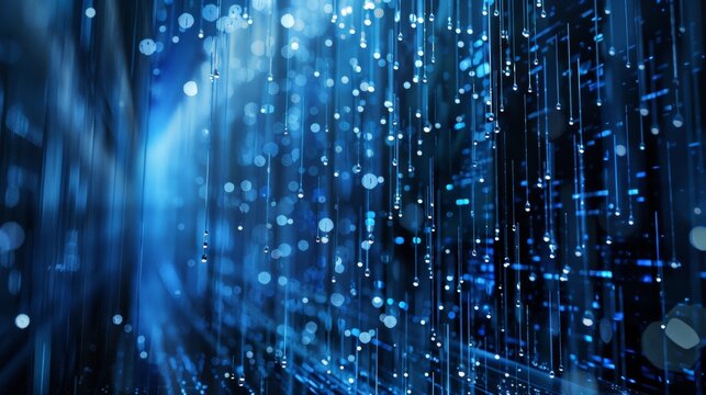 Blue digital rain falling through cyberspace creating an abstract technological background, perfect for wallpapers and digital art projects