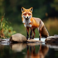 Naklejka premium A fox stands on a rocky outcropping overlooking a calm body of water