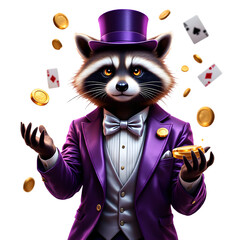 Raccoon in Purple Suit with Casino Coins
