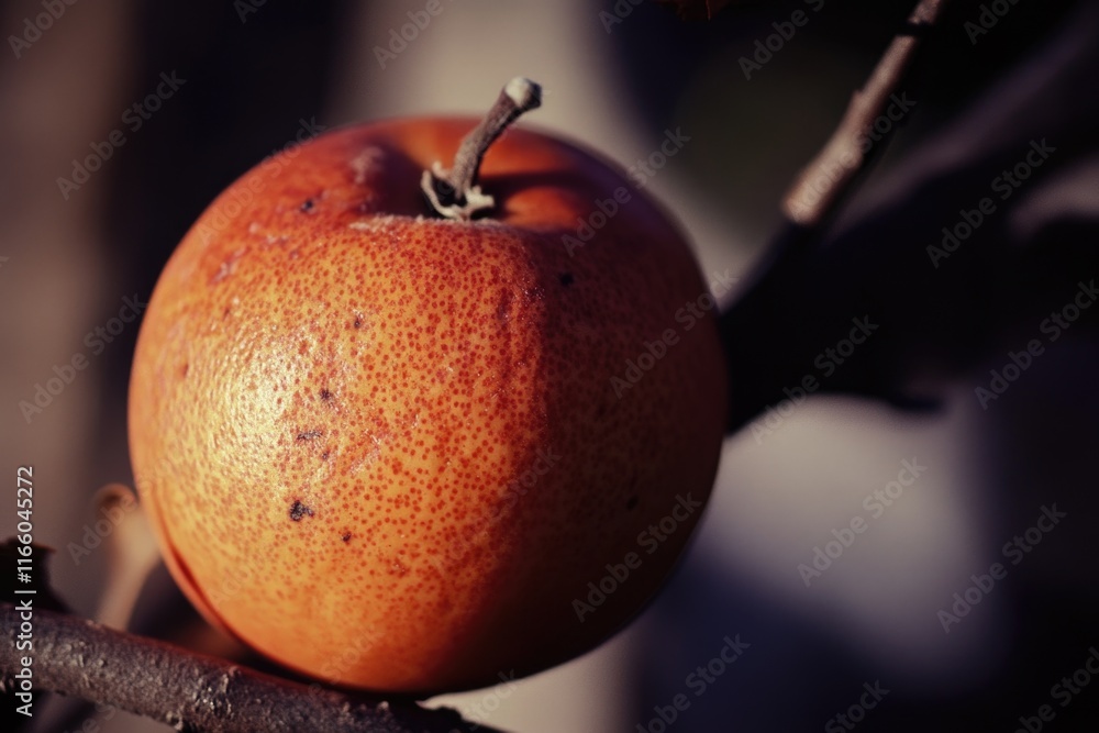 Poster A close-up shot of a single apple hanging from a tree branch