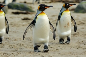 Fototapeta premium Group of penguins walking on a sandy beach