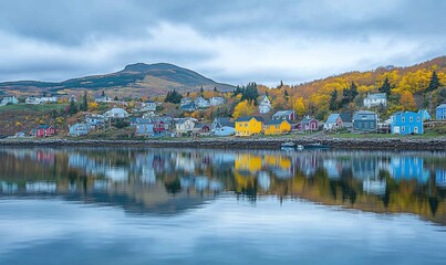 Fototapeta premium Colorful waterfront town reflected in calm water, autumn foliage, serene landscape.