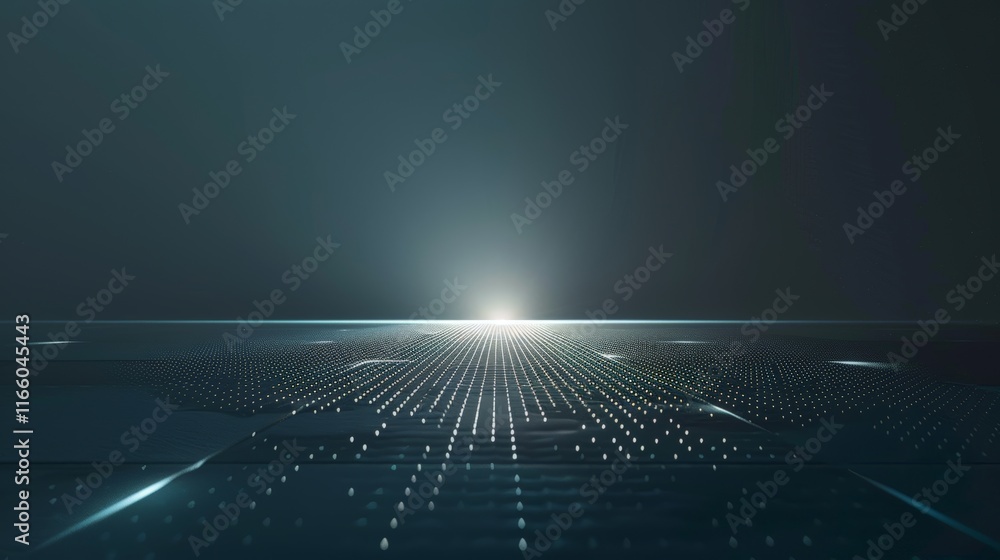 Poster futuristic landscape showing a digital grid pattern converging towards a glowing horizon, creating a