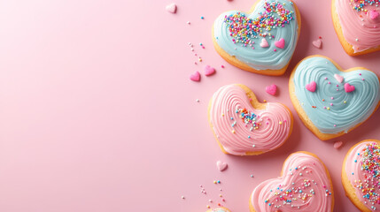 Obraz premium Sweet cookies banner with biscuits in heart shape with icing. Vector horizontal poster for Valentines day or romantic gift with pastry dessert, gingerbread cookies with frosting and sprinkle